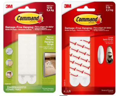 2 packs of 3M Command Hook Refill and Picture Hanging Strips, one red, and one green.