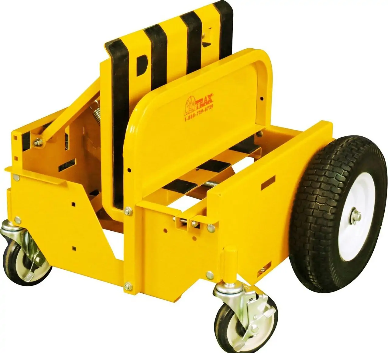 A yellow and black SawTrax Panel Cart Material Mover with wheels
