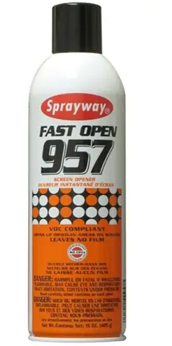 Sprayway 957 canned bottle. White, black and orange colours around the bottle with text explaining the product.