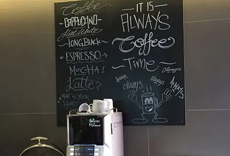Coffee menu written on FF 490 blackboard