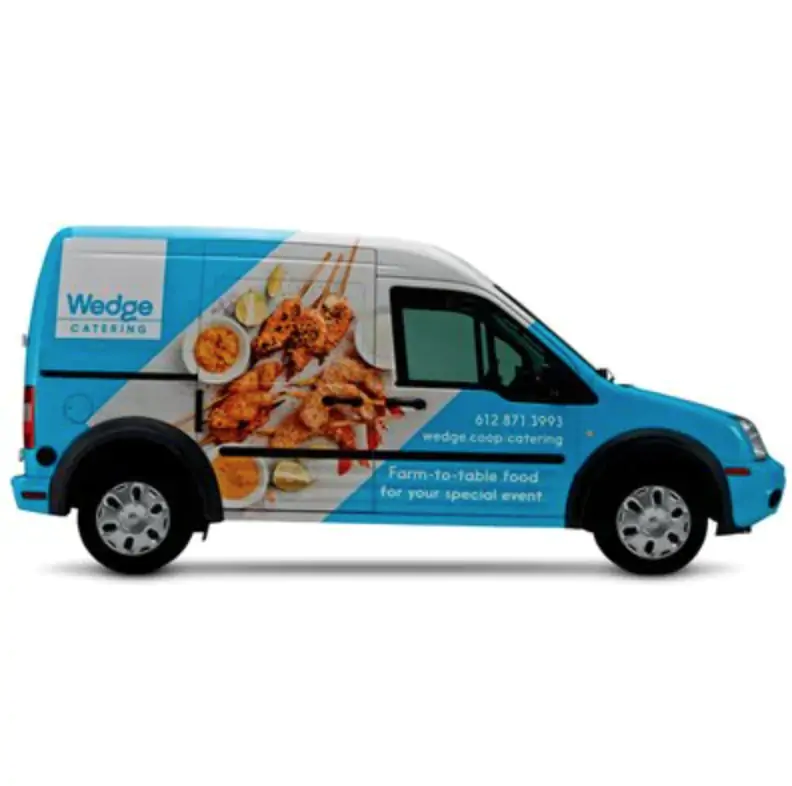 Blue and white catering truck with food designs on it wrapped in 8548 Gloss/8549 Lustre/8550 Matte
