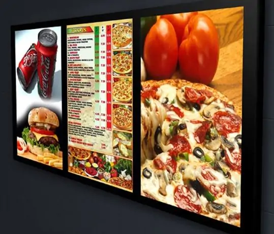 MPI 2050 Translucent Permanent billboard sign of an Italian restaurant menu with images of pizza, coca cola, and a burger 