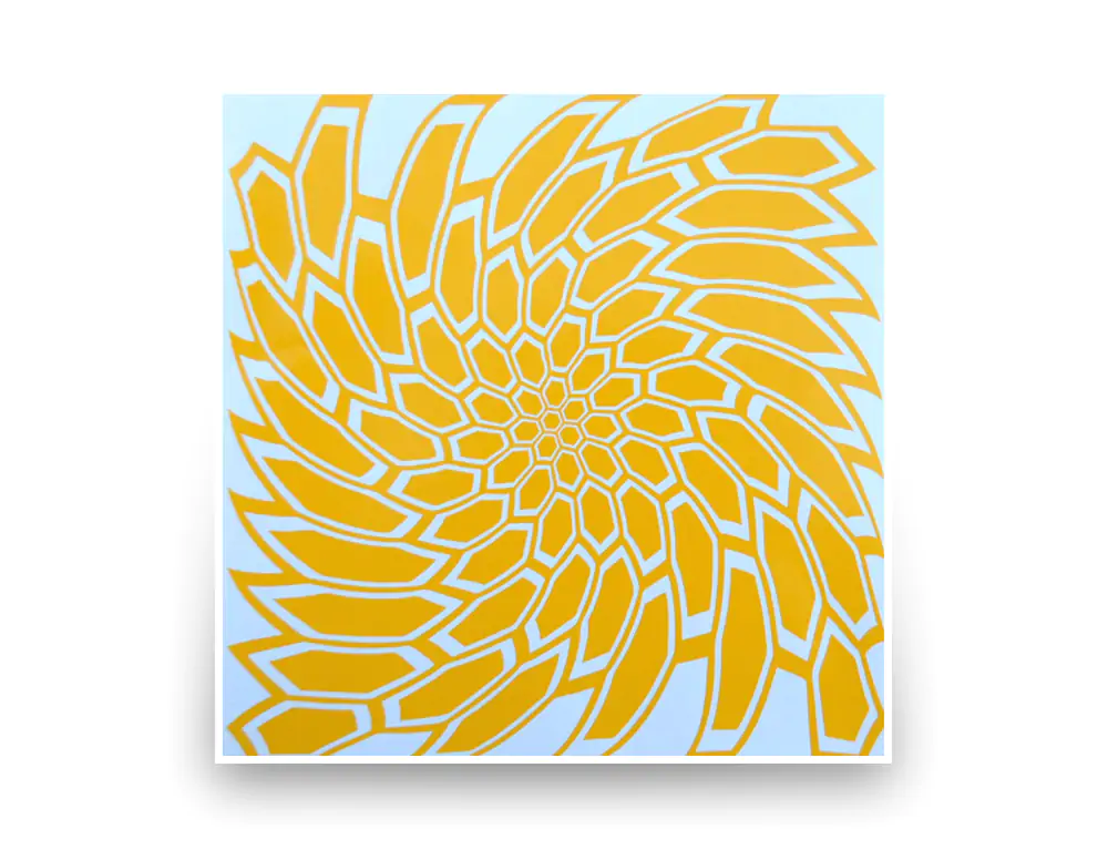 A painting with yellow circle designs 