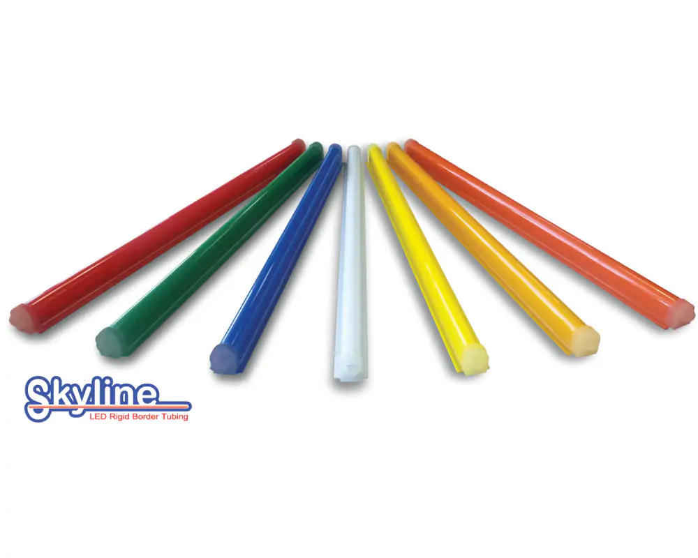 Seven Skyline & Skylock Rigid LED Border Tubes: Red, green, blue, white, yellow, and orange.