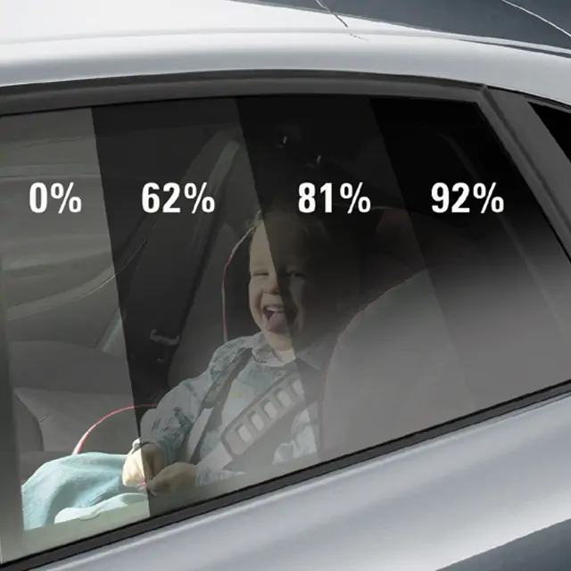 Color Stable Automotive Window Tint on a car with boy inside. The window has different percentages for the tint