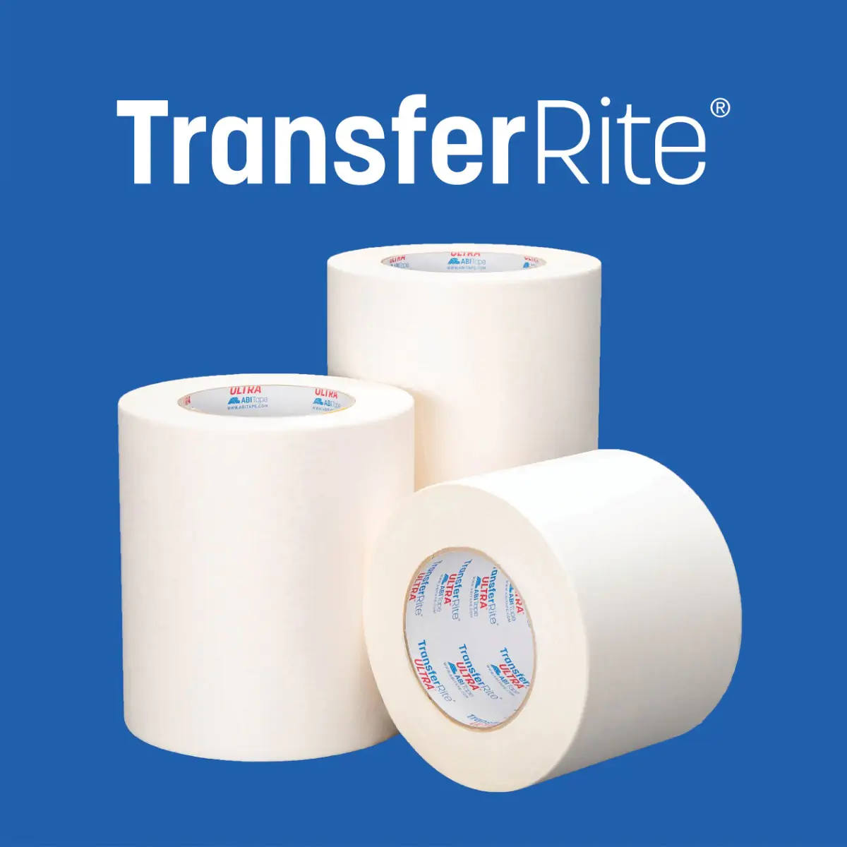 Three white TransferRite premask and surface protection rolls of varying lengths on a blue background.