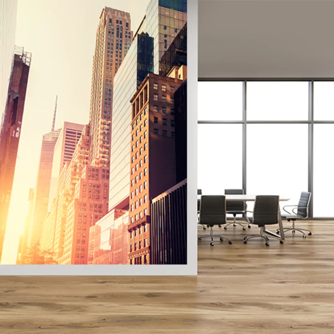 Large cityscape graphic with 8509 Lustre Overlaminate on office wall