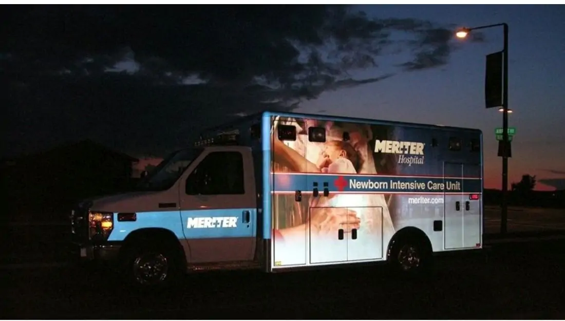 IJ680CR-10 Reflective Removable on a newborn intensive care unit vehicle. Image is glowing
