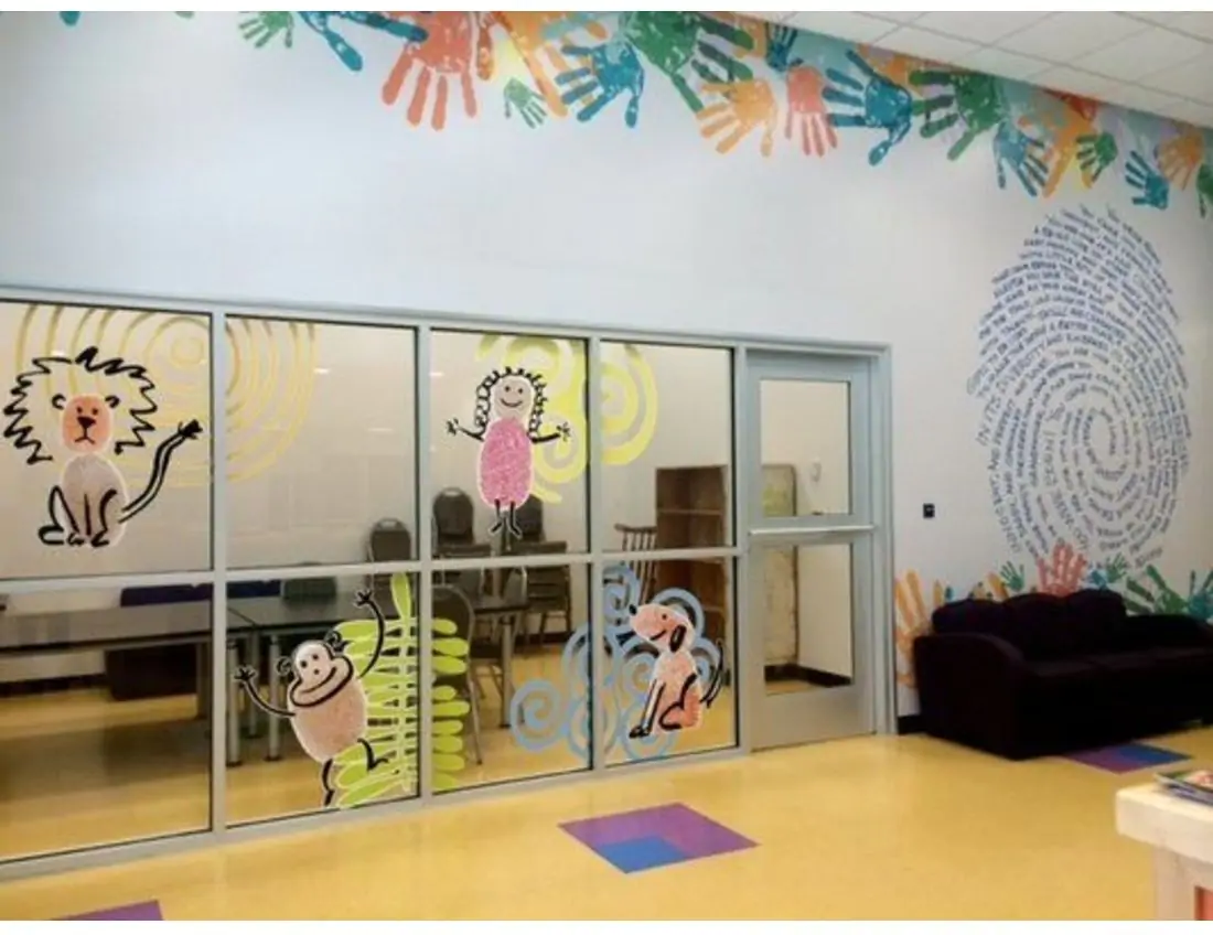 Glass with designs on them from a child care center with 40C-10R Gloss & 40C-20R Matte Removable