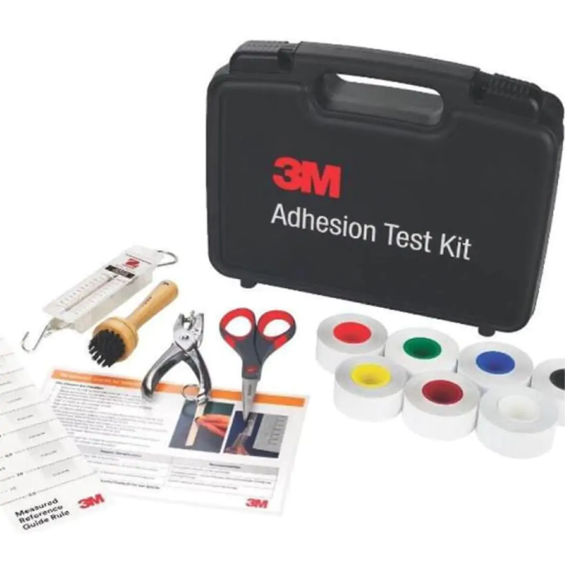 Black 3M Adhesion Test Kit with various application tools displayed, including a rivet brush, spring scale, tapes, scissors and reference guides.
