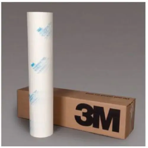 White roll of 3M prespace and premask tape standing vertically with 3M cardboard box laying on it's side.
