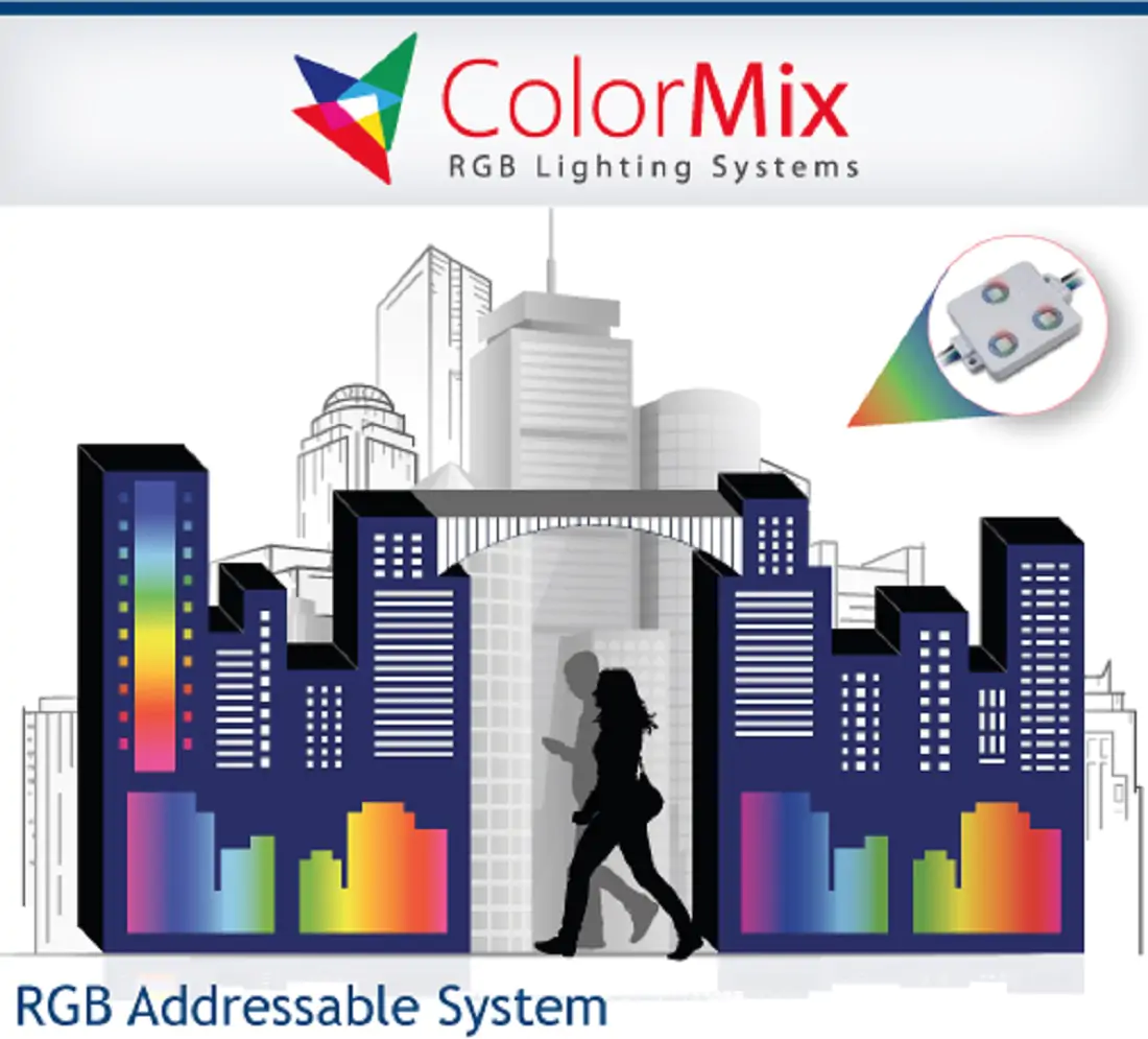 ColorMix RGB Lighting Systems advertisement with drawing of colorful city in foreground.