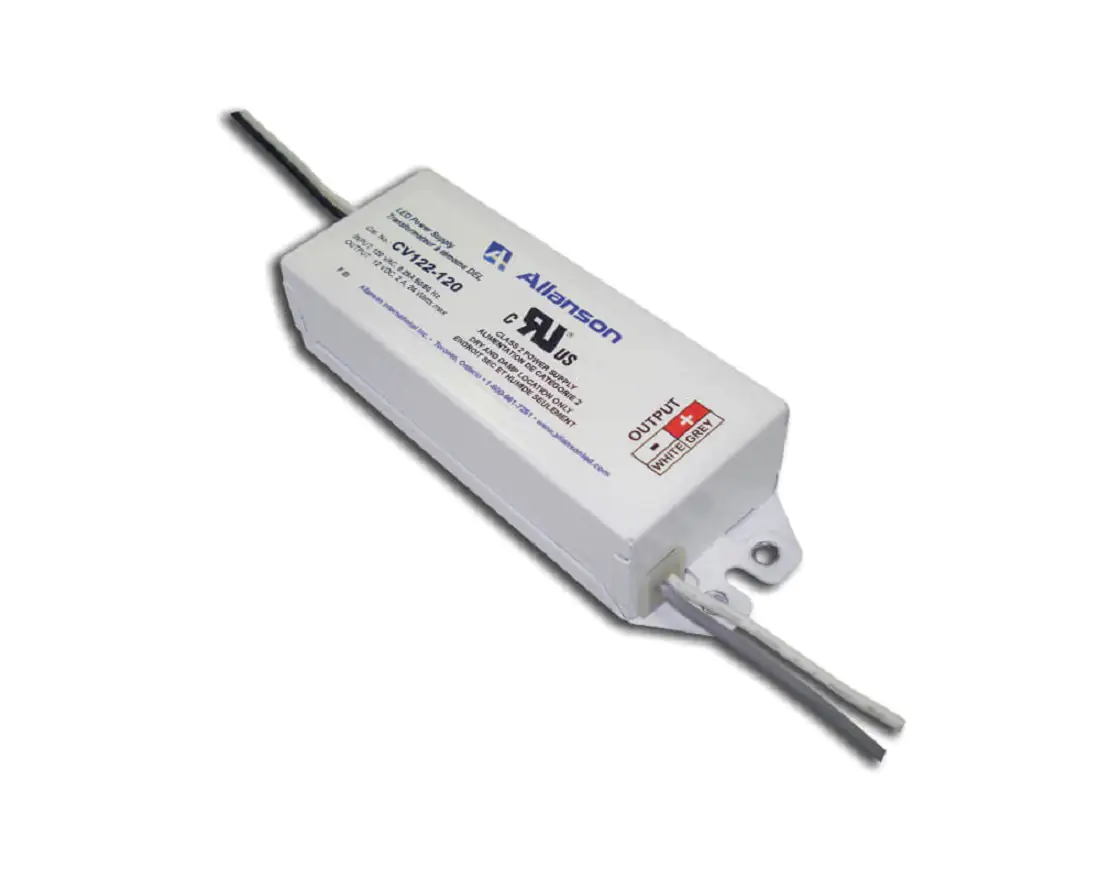 White, rectangular LED Power Supply 24 Volt with wires attached at either end.
