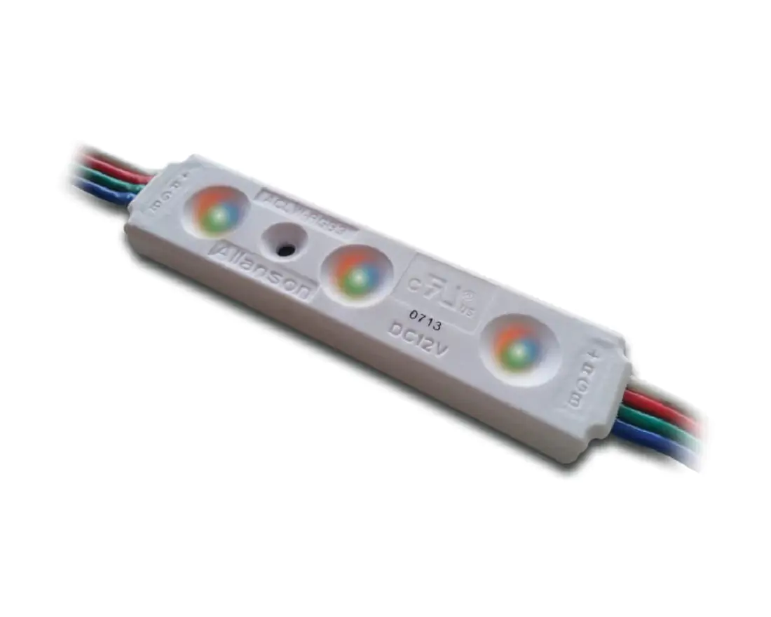 White, rectangular RGB3 LED Module with three multicolored bulbs. Four wires, white, red, green, and blue, attached to either end. 