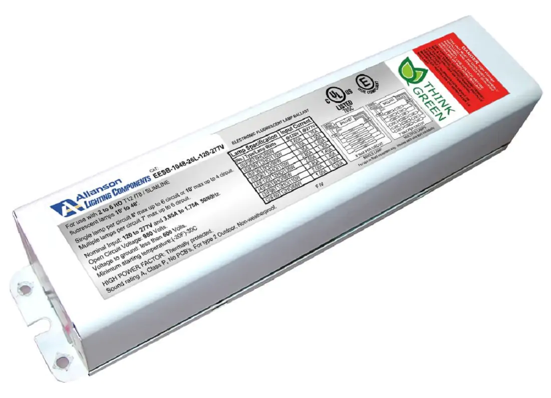 White, rectangular EESB Electronic Fluorescent Sign Ballast with Think Green and specifications label.