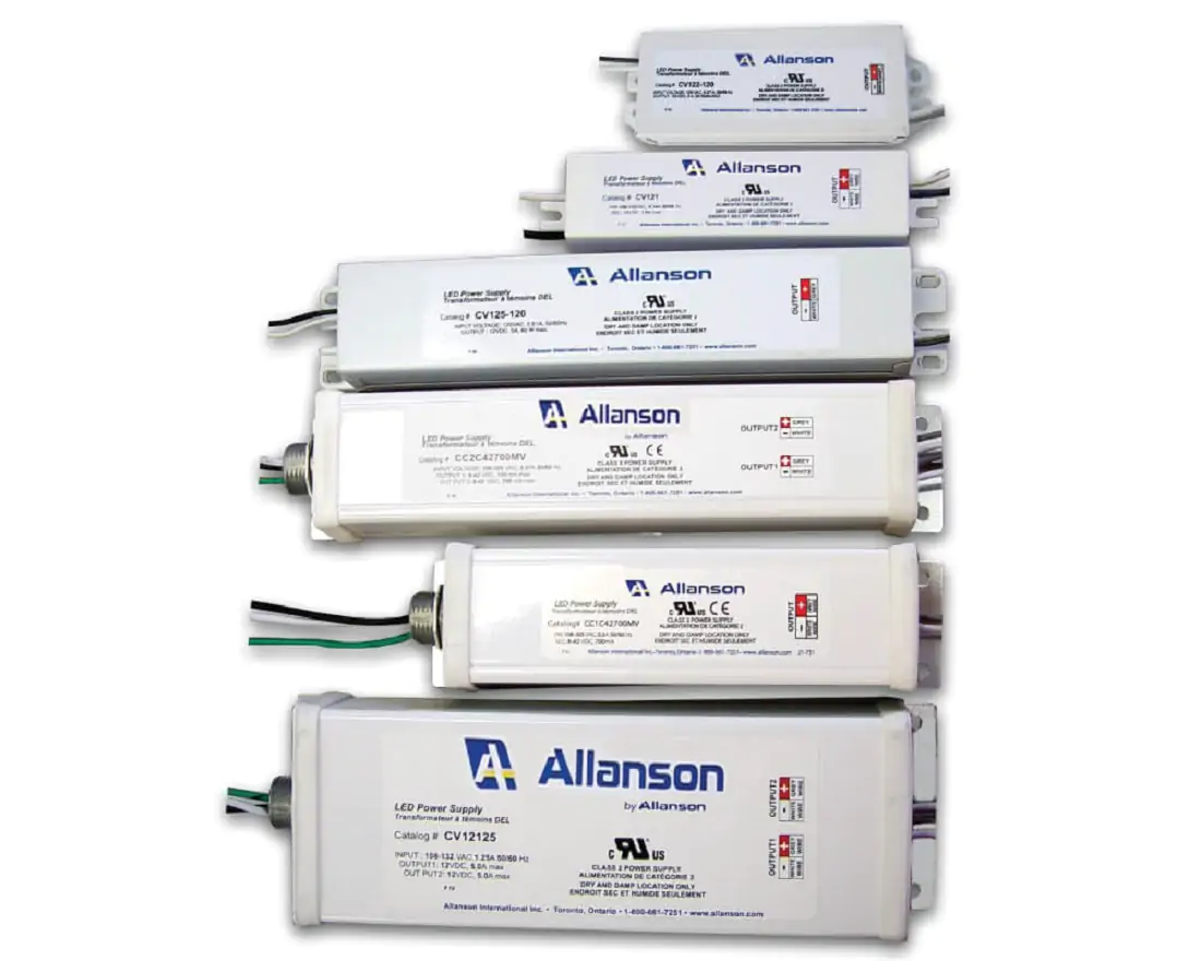 Six white, rectangular 12 Volt LED Power Supplies of various sizes.