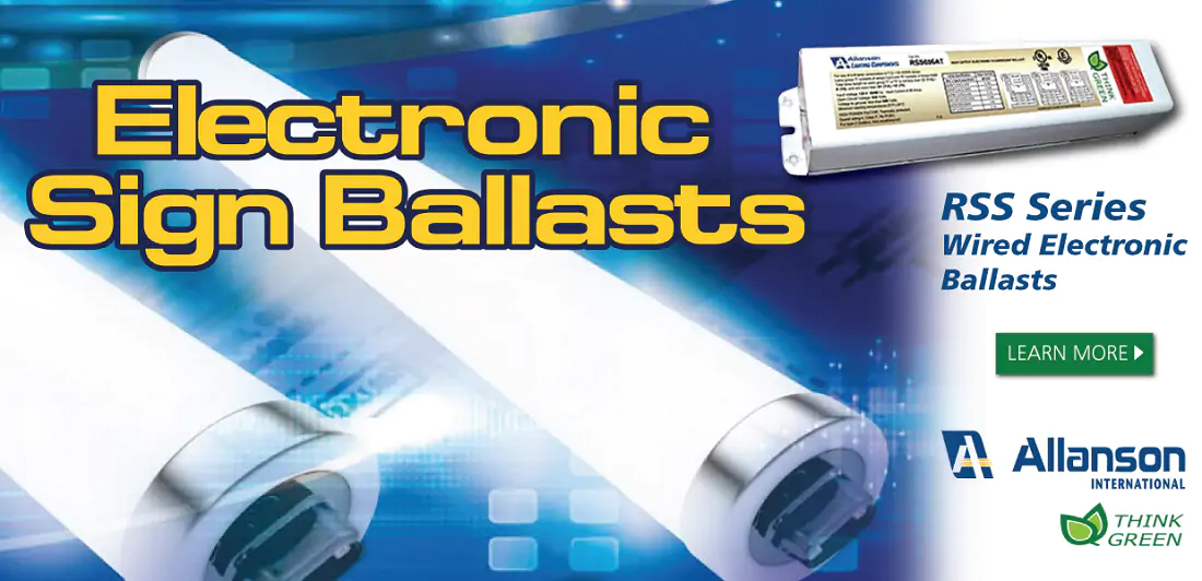 White RSS Series Wired Electronic Ballast beside Allanson Electronic Sign Ballasts advertisement.