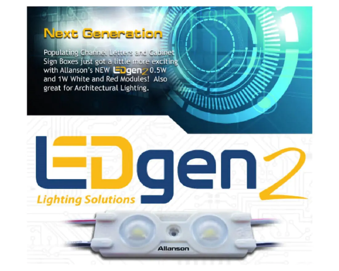White LEDgen2  LED Module below an Allanson LEDgen2  advertisement. 