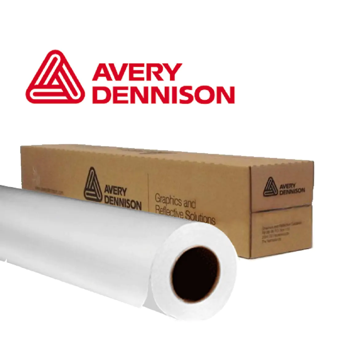 Avery Dennison in red, cardboard box and white DOL 3060 Gloss Overlaminate in the front