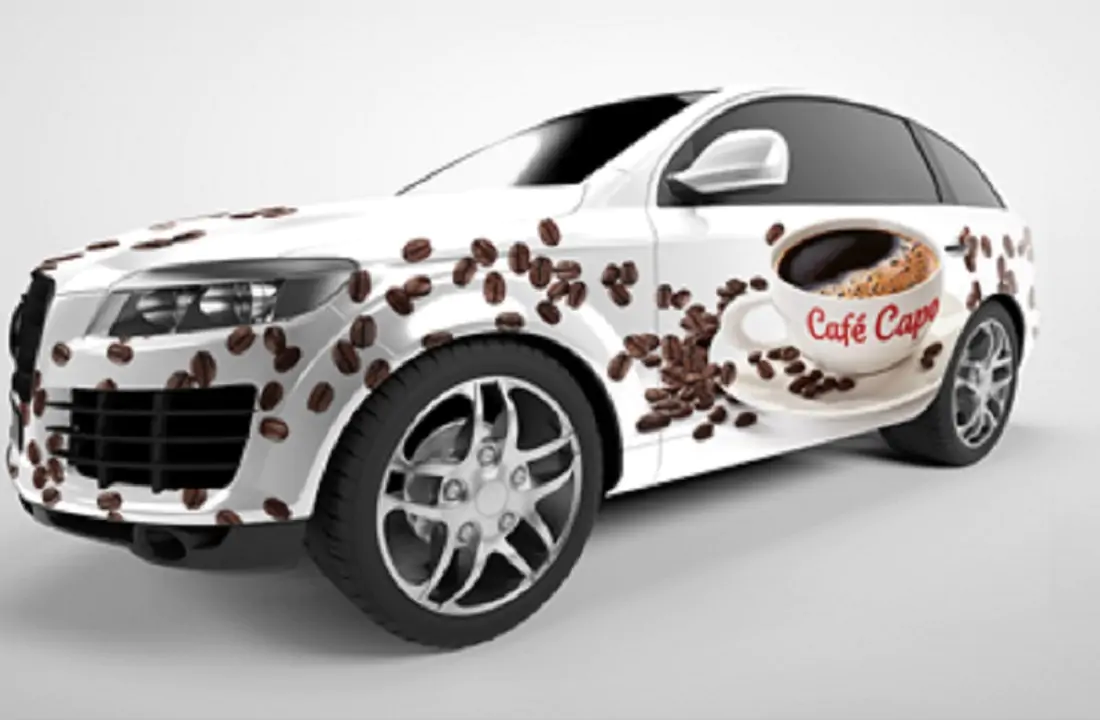 White truck with coffee beans on the side and a coffee cup with coffee in it using DOL 1360Z Cast Gloss Overlaminate
