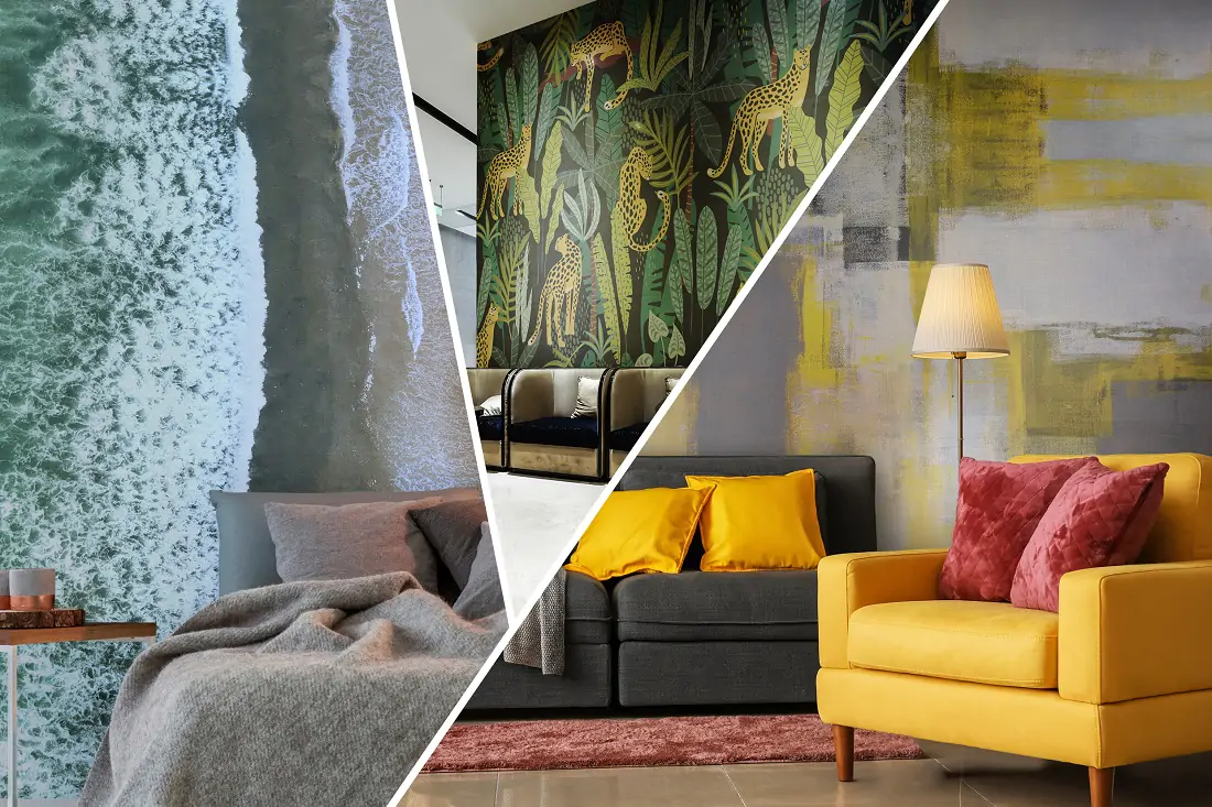 Three different images of MPI 2600 Matte Removable. One is a bed and an ocean in the background on the wall, one green wall with animals and trees, last is yellow couches and a wall with yellow paint 
