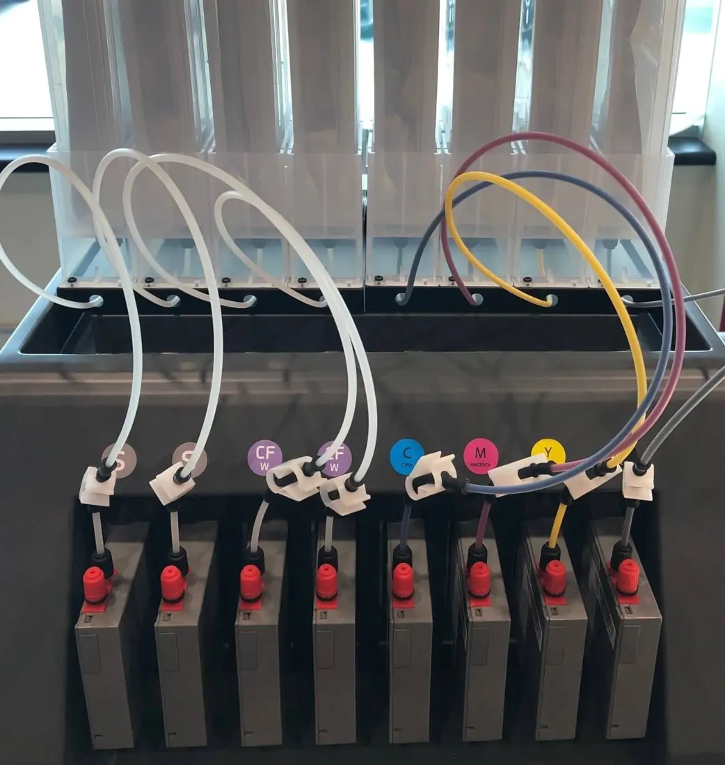 Dimense 3D printer inks connected by tubes