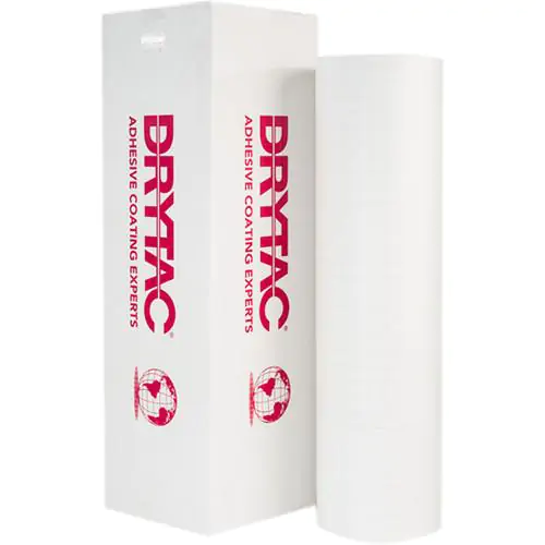 A white box with Drytac on it and a white roll next to it