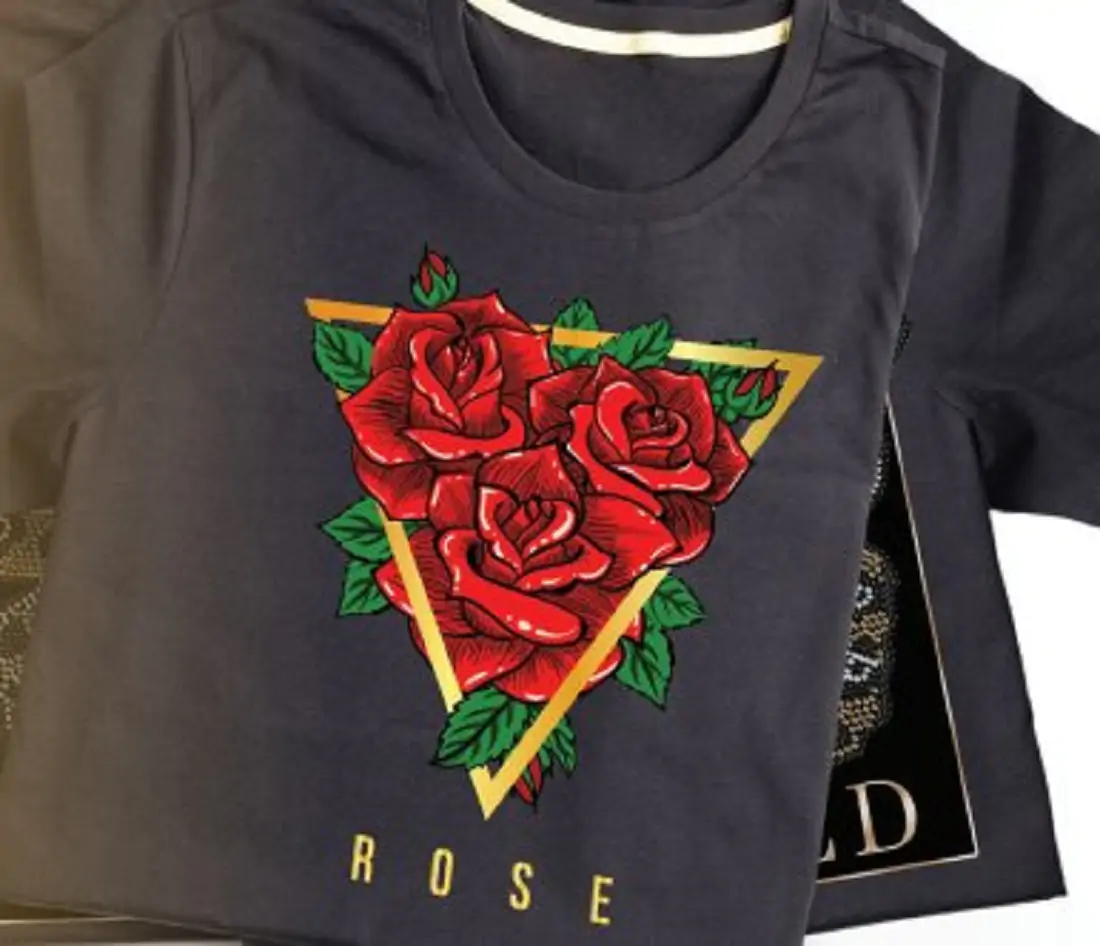 Dark Grey T-shirt with 3 red roses inside a golden triangle in the centre.
