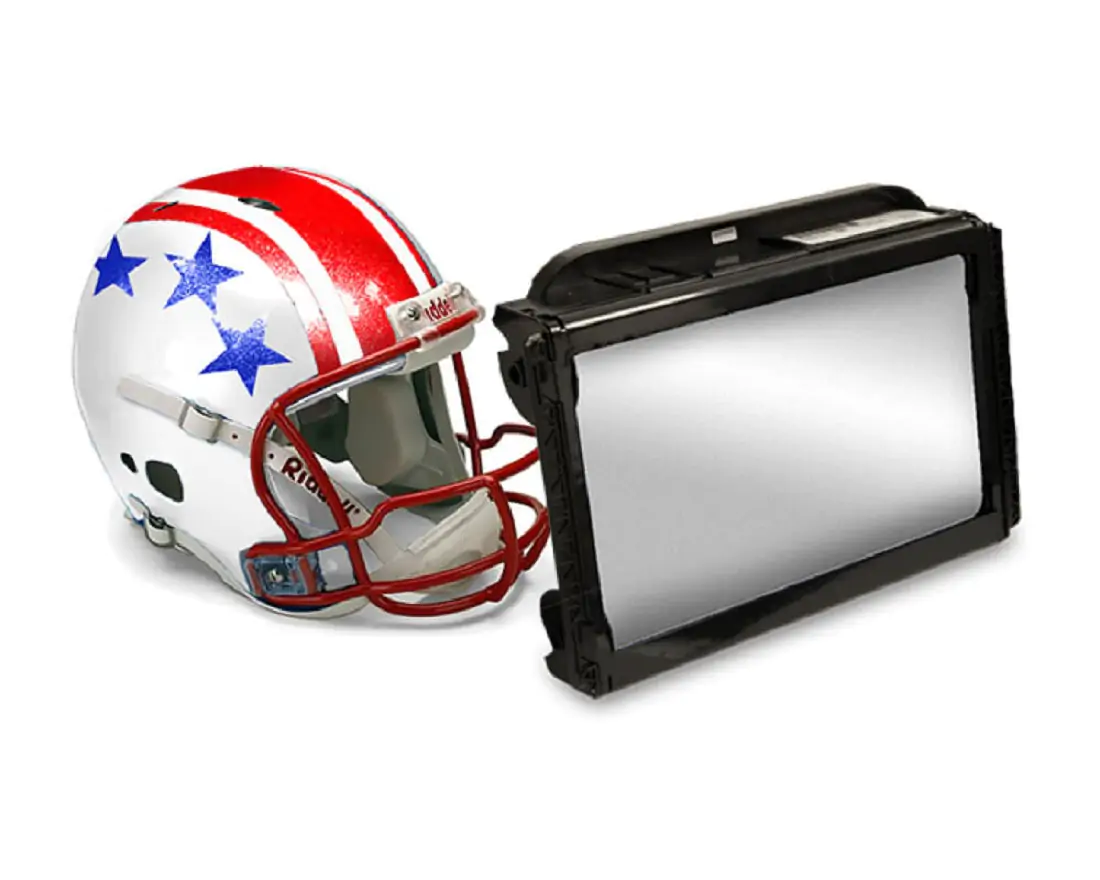 White football helmet with red stripes and blue stars aside a Gerber Special Effects Metal Flake foil.
