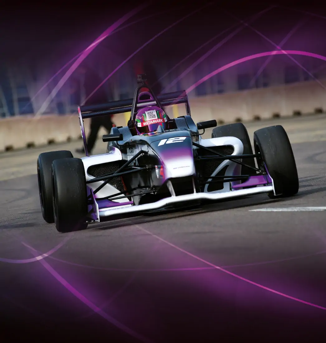 A purple lined background with a race car driver driving 
