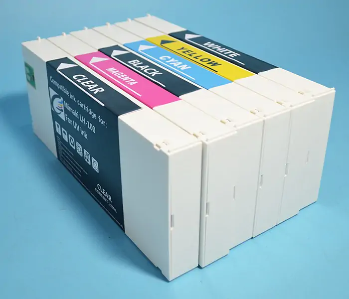 C,M,Y,K and Clear UV ink cartridges