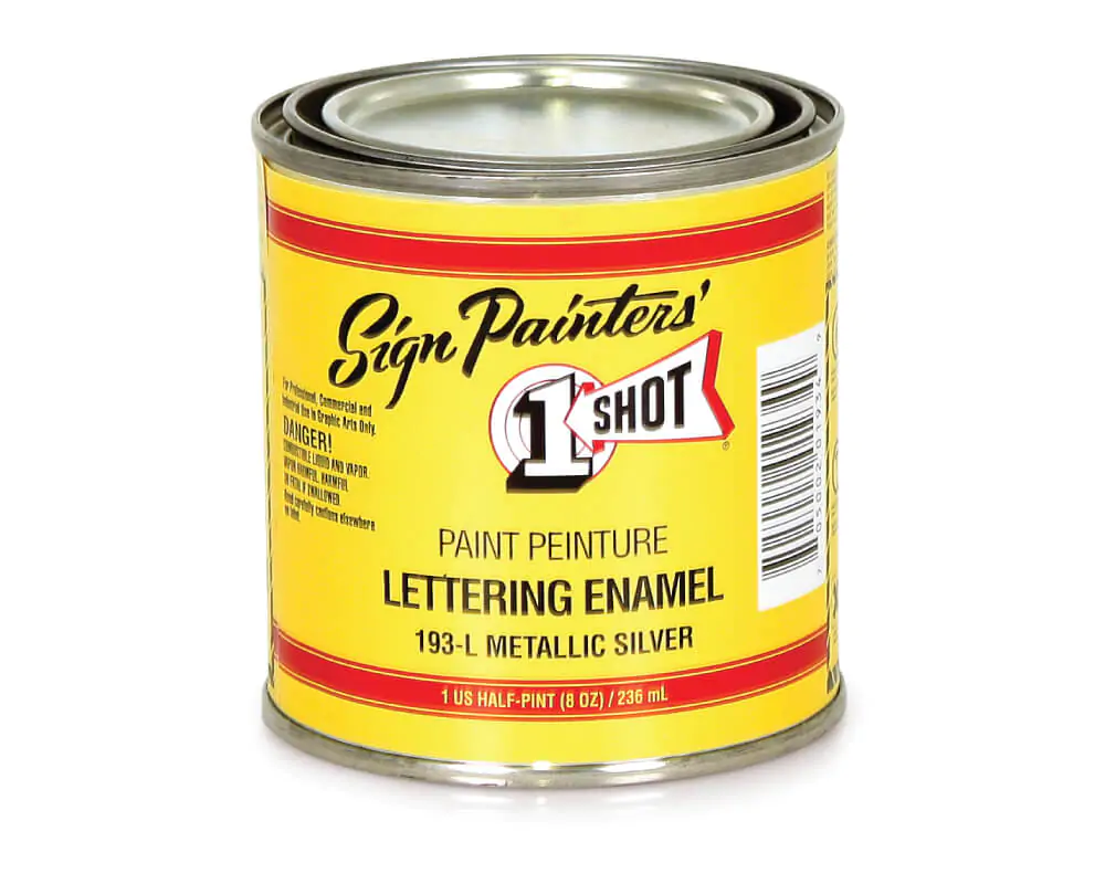 Yellow can with 1 US half-pint of One Shot lettering enamel, Metallic Silver.