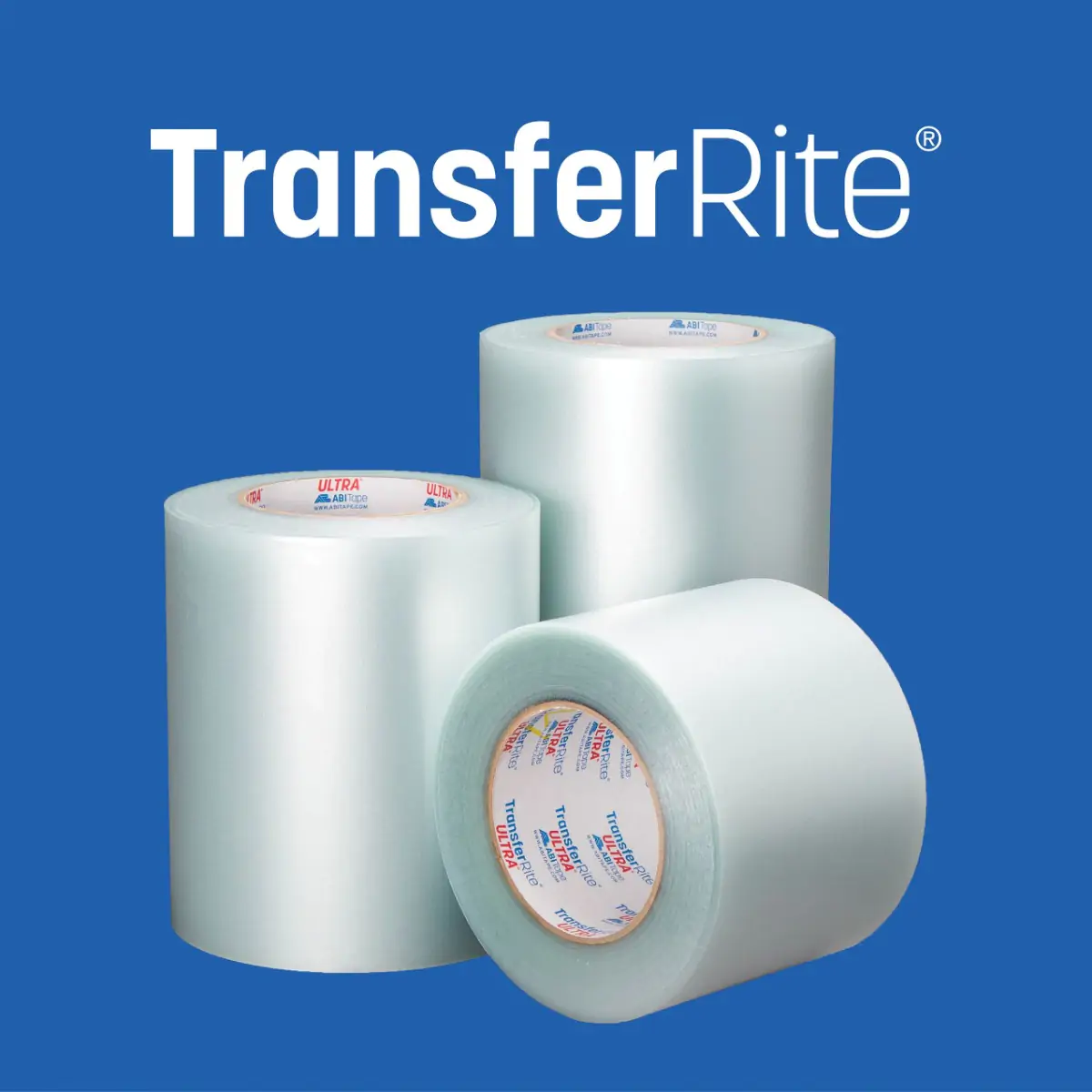 Three clear TransferRite Premask rolls of varying lengths on a blue background.