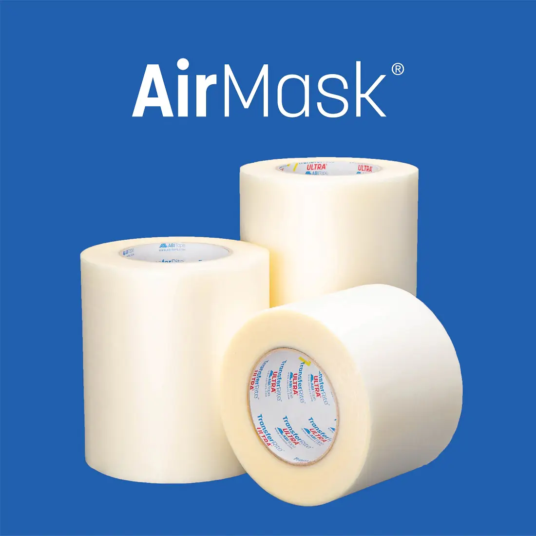Three white AirMask application tape rolls of varying lengths on a blue background.