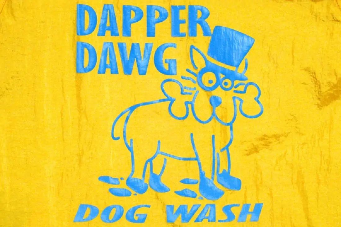 A yellow sheet with an image if a blue dog with words 