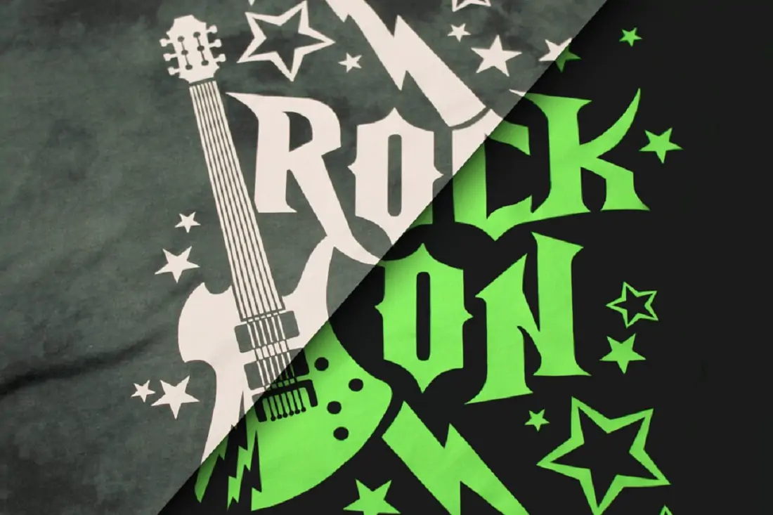 Black background with green and white rock on writing with guitars 