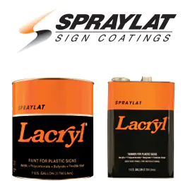 Two orange and black cans of Spraylat paint with the Spraylat logo above them