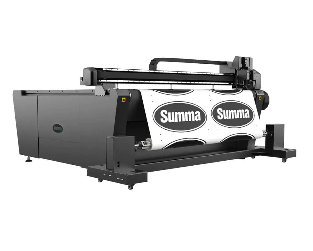 Black Summa flatbed cutter, with Summa graphic on white paper